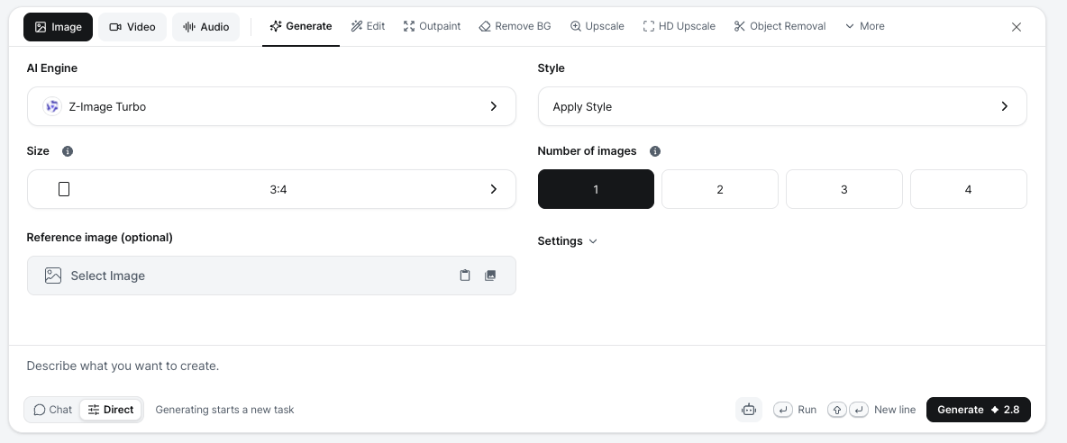 Image Generate tab with a style-capable engine (Z-Image Turbo) selected, showing the Apply Style field on the right