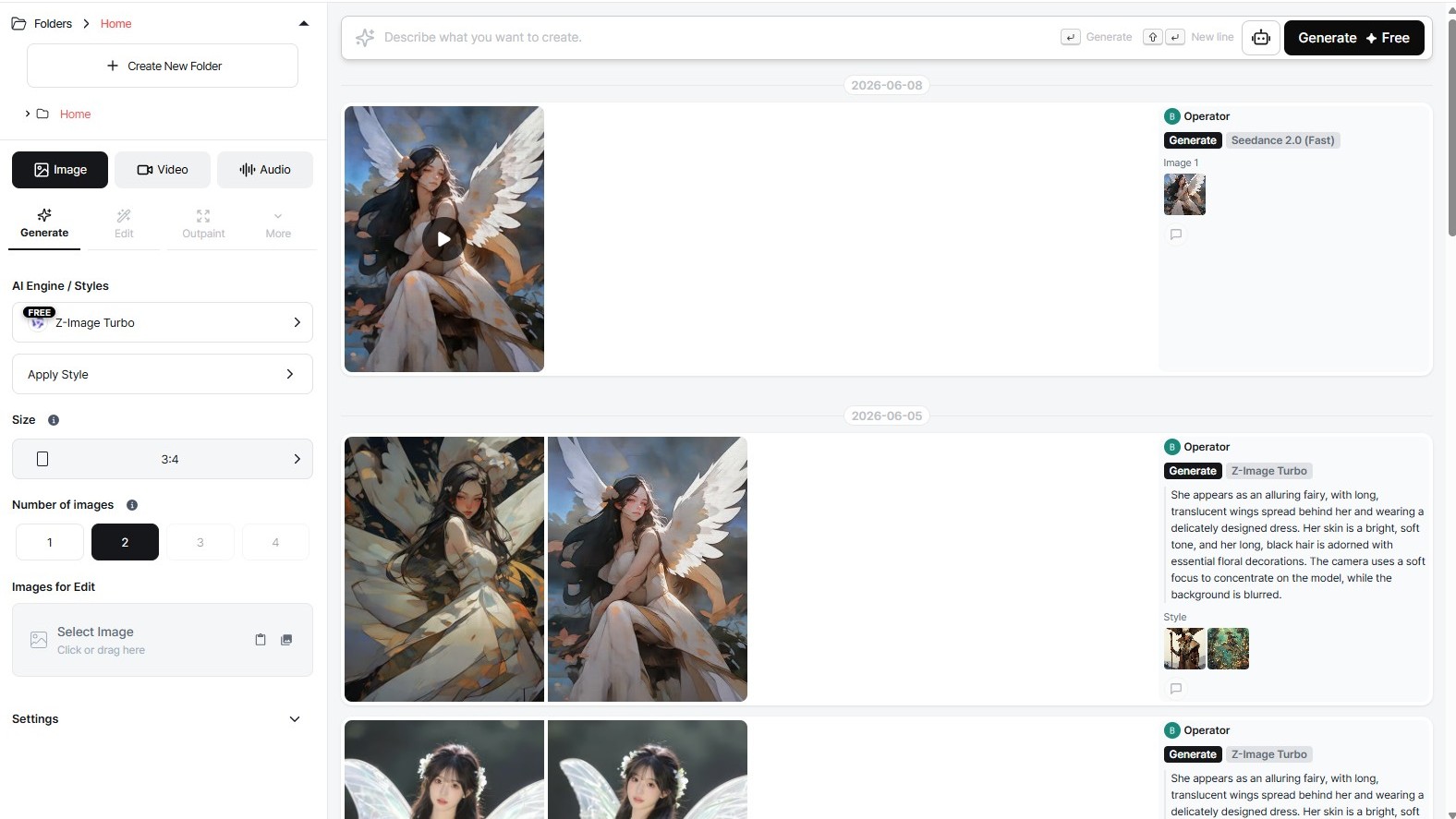 XBRUSH Workspace showing three-panel layout with control panel on the left, prompt input at the top, and results feed on the right