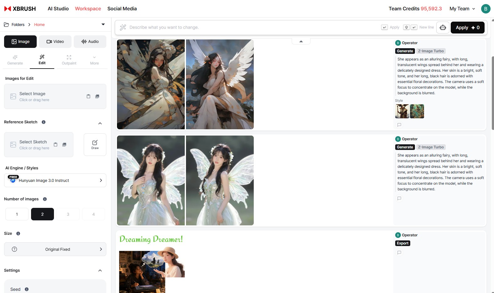 Edit tab with image upload area and prompt input for AI-based partial replacement