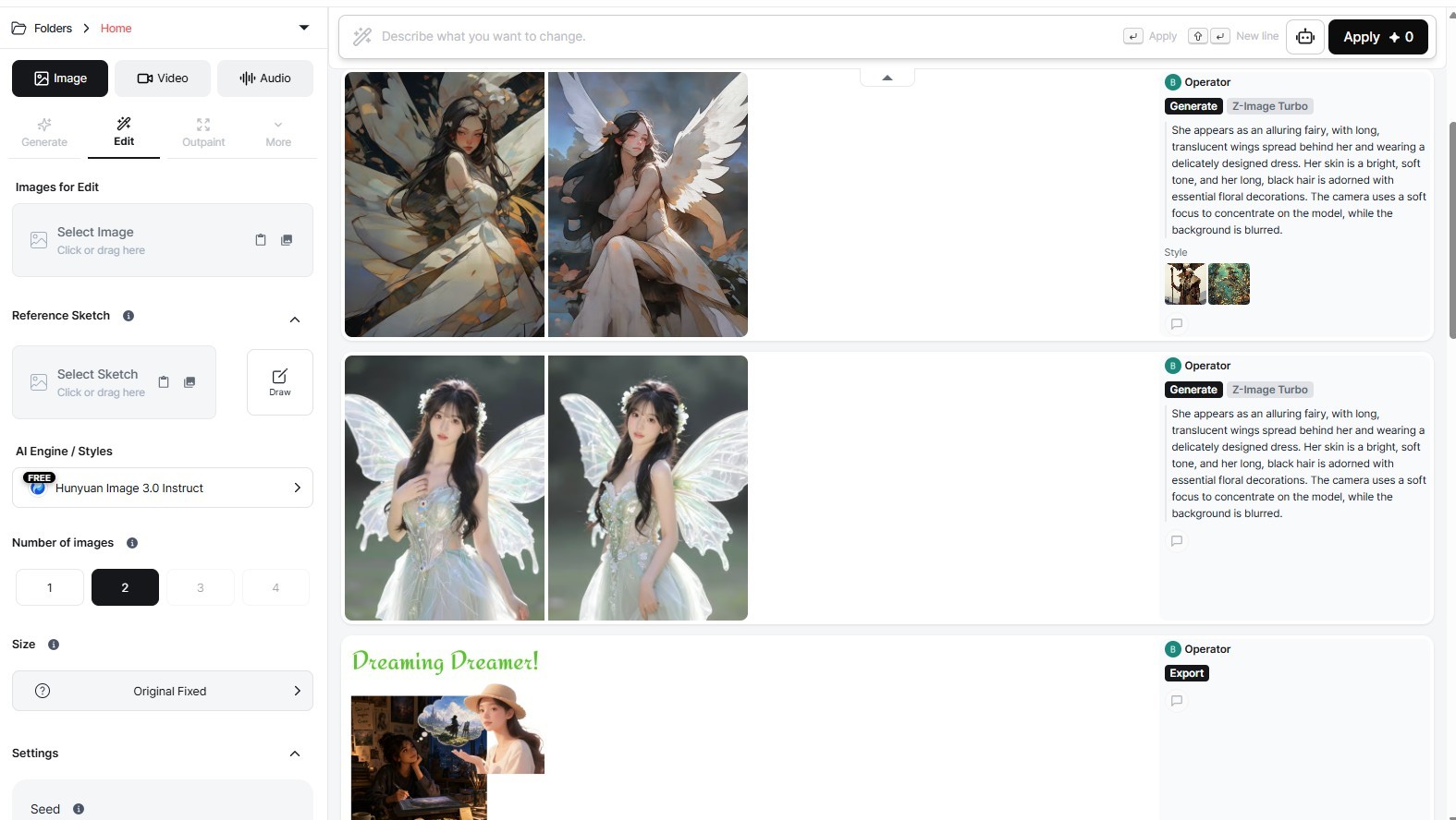 Edit tab with image upload area and prompt input for AI-based partial replacement
