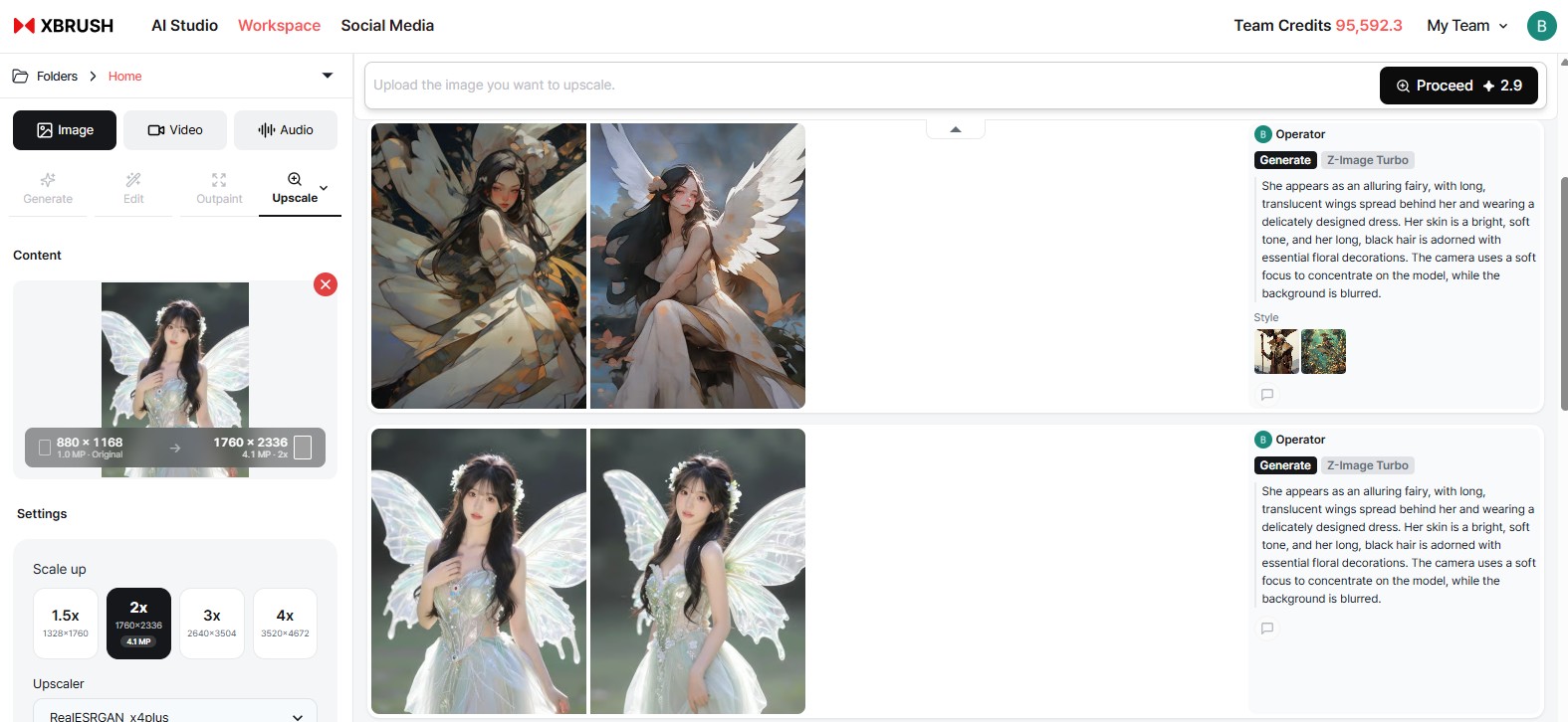 Upscaler tab with image upload area and resolution multiplier selector