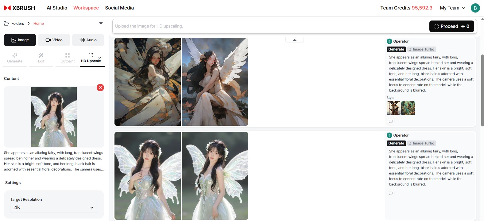 HD Upscale tab with image upload area