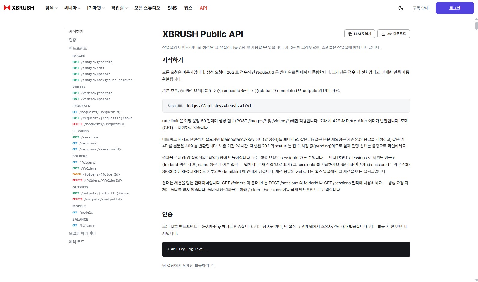 XBRUSH 공개 API 문서